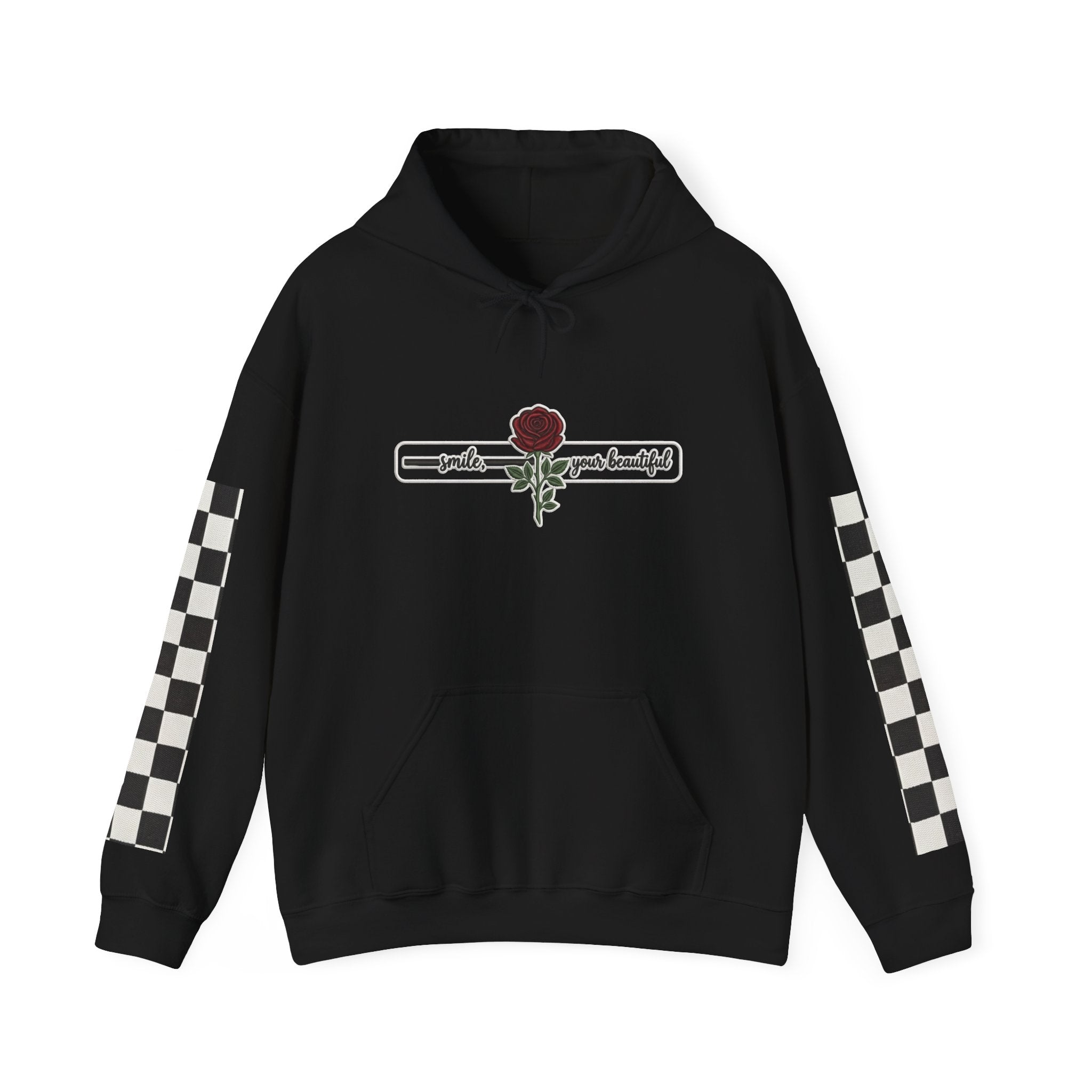 Rose & Checkered Sleeve Hoodie — "Smile, You're Beautiful" Graphic