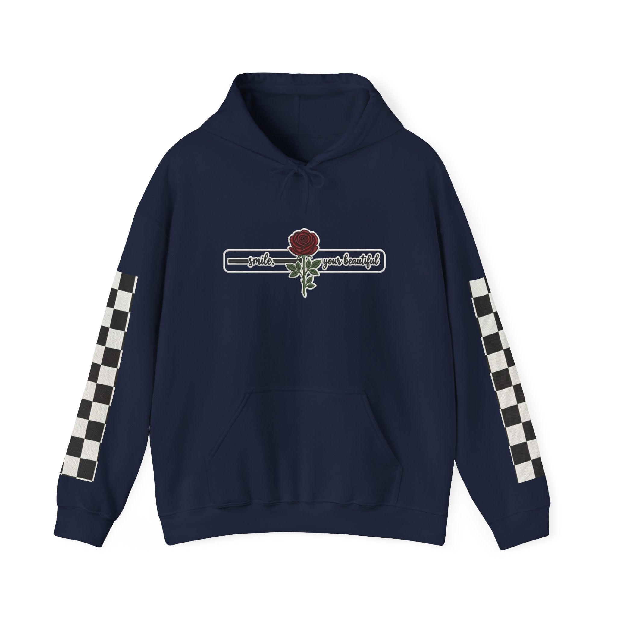Rose & Checkered Sleeve Hoodie — "Smile, You're Beautiful" Graphic