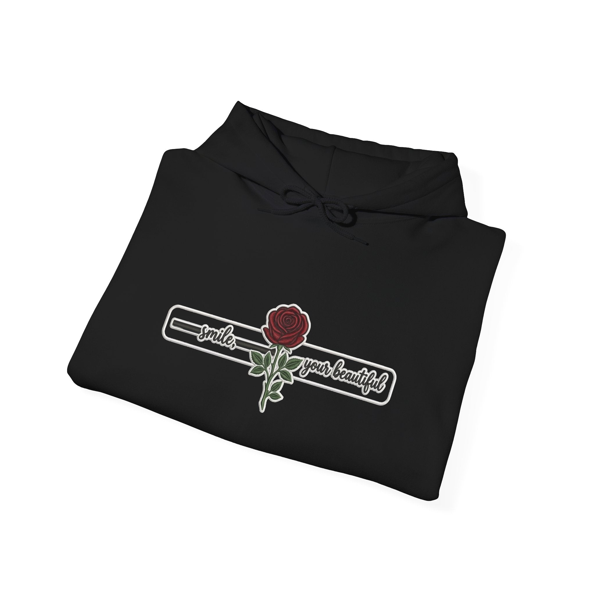 Rose & Checkered Sleeve Hoodie — "Smile, You're Beautiful" Graphic