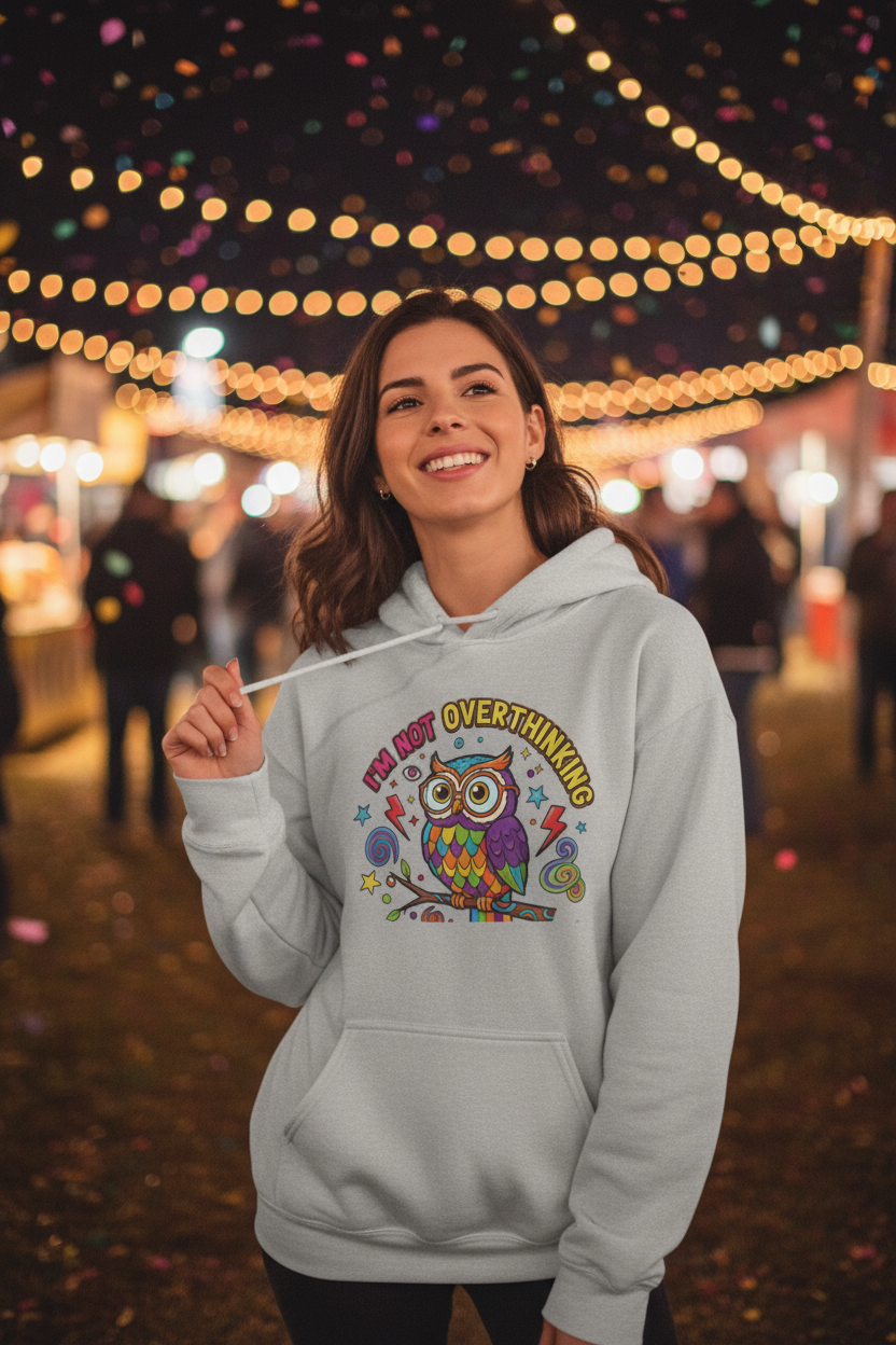 Owl Graphic Hoodie - "I'm Not Overthinking" Front & Colorful Back "I Can Actually See the Present and Future" Pullover