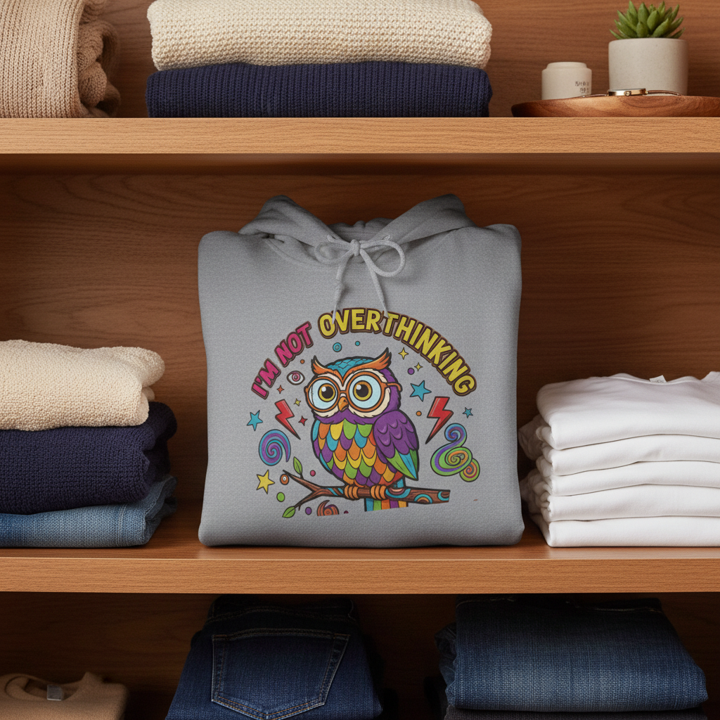 Owl Graphic Hoodie - "I'm Not Overthinking" Front & Colorful Back "I Can Actually See the Present and Future" Pullover