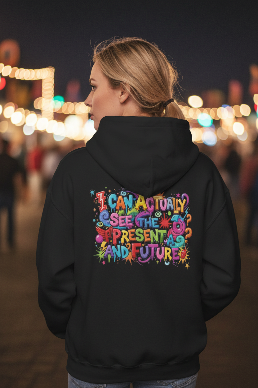 Owl Graphic Hoodie - "I'm Not Overthinking" Front & Colorful Back "I Can Actually See the Present and Future" Pullover