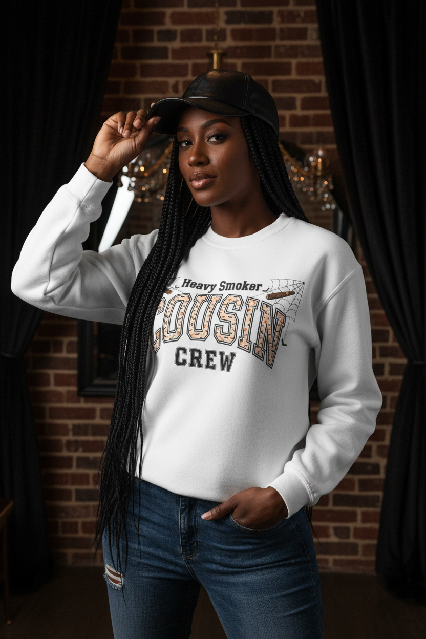 Cousin Crew Sweatshirt — "Heavy Smoker" Vintage College Style Crewneck