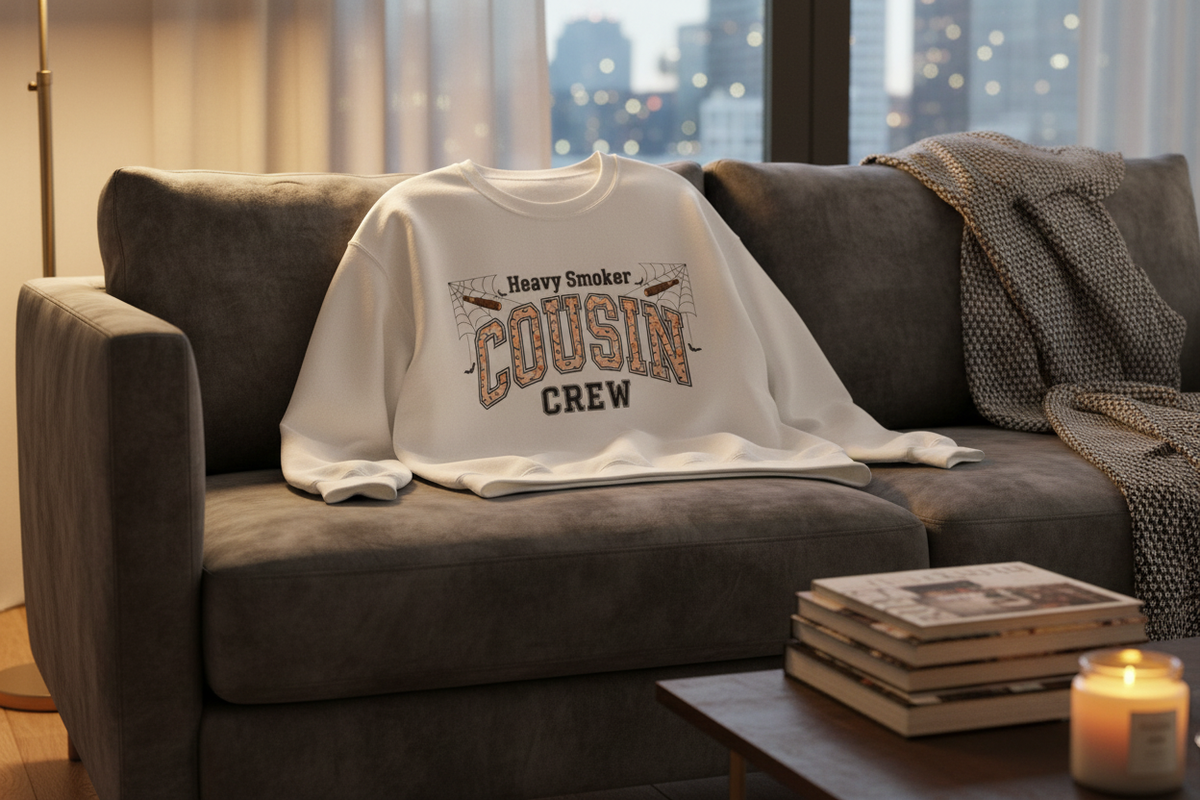 Cousin Crew Sweatshirt — "Heavy Smoker" Vintage College Style Crewneck