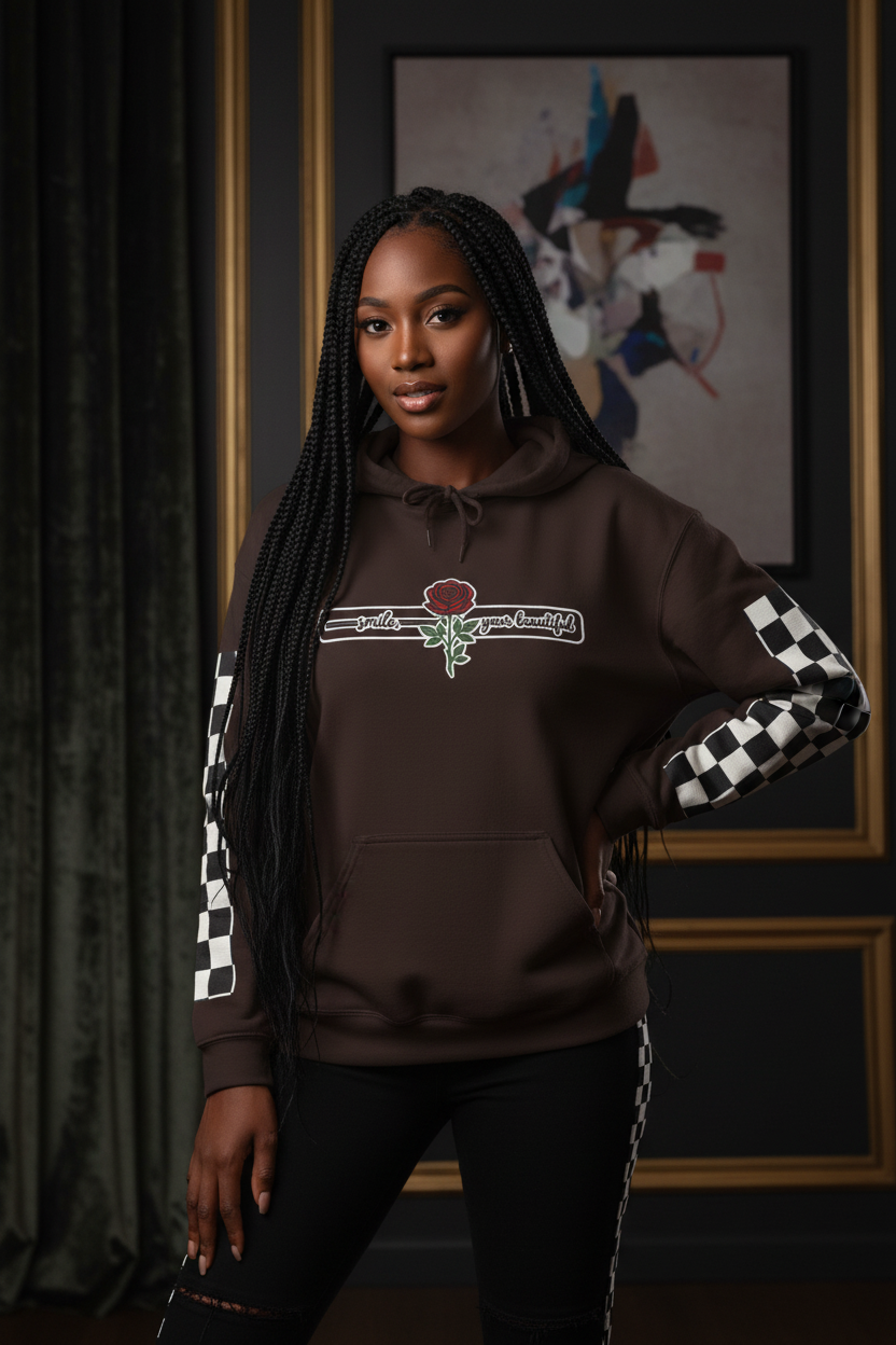 Rose & Checkered Sleeve Hoodie — "Smile, You're Beautiful" Graphic