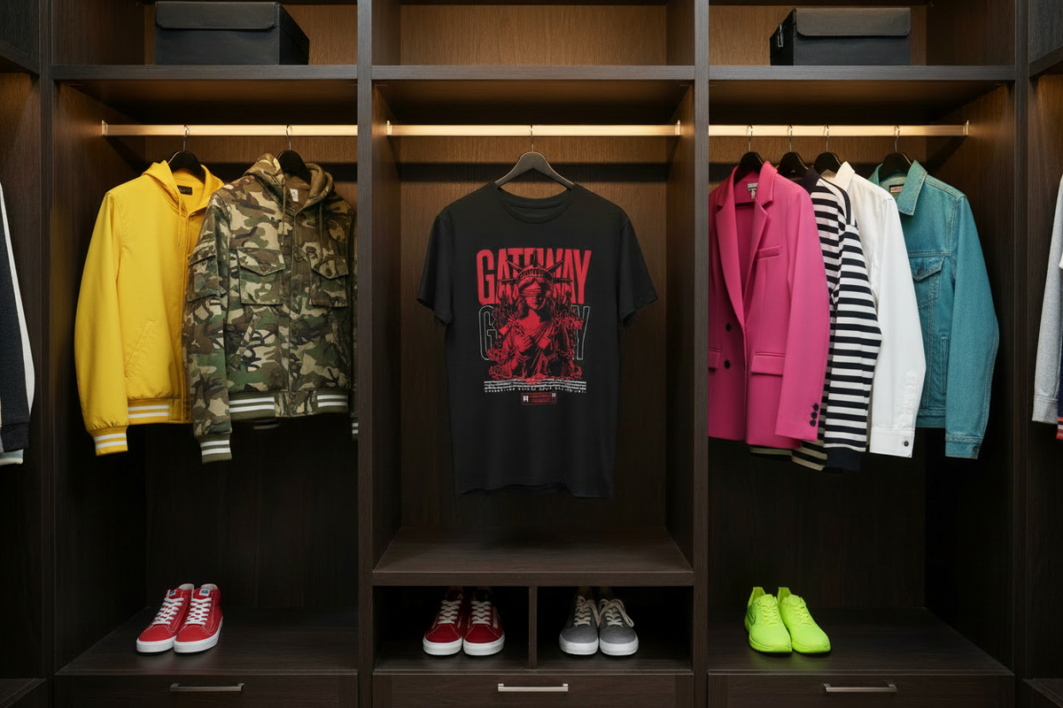 Gateway Statue Graphic Tee — Retro Red Justice Design