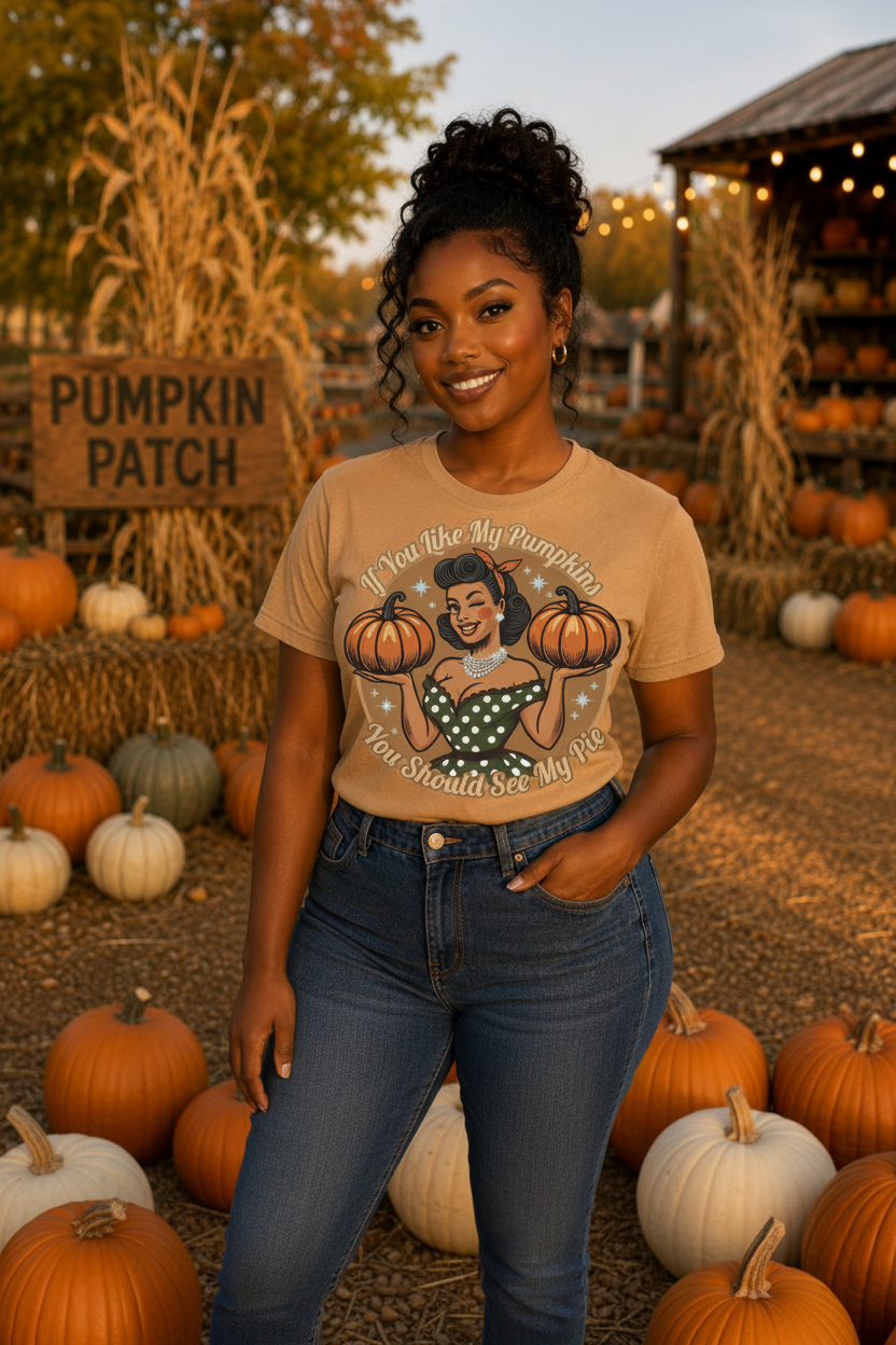 Woman wearing retro fall pumpkin graphic tee at a pumpkin patch, golden hour autumn lifestyle photo