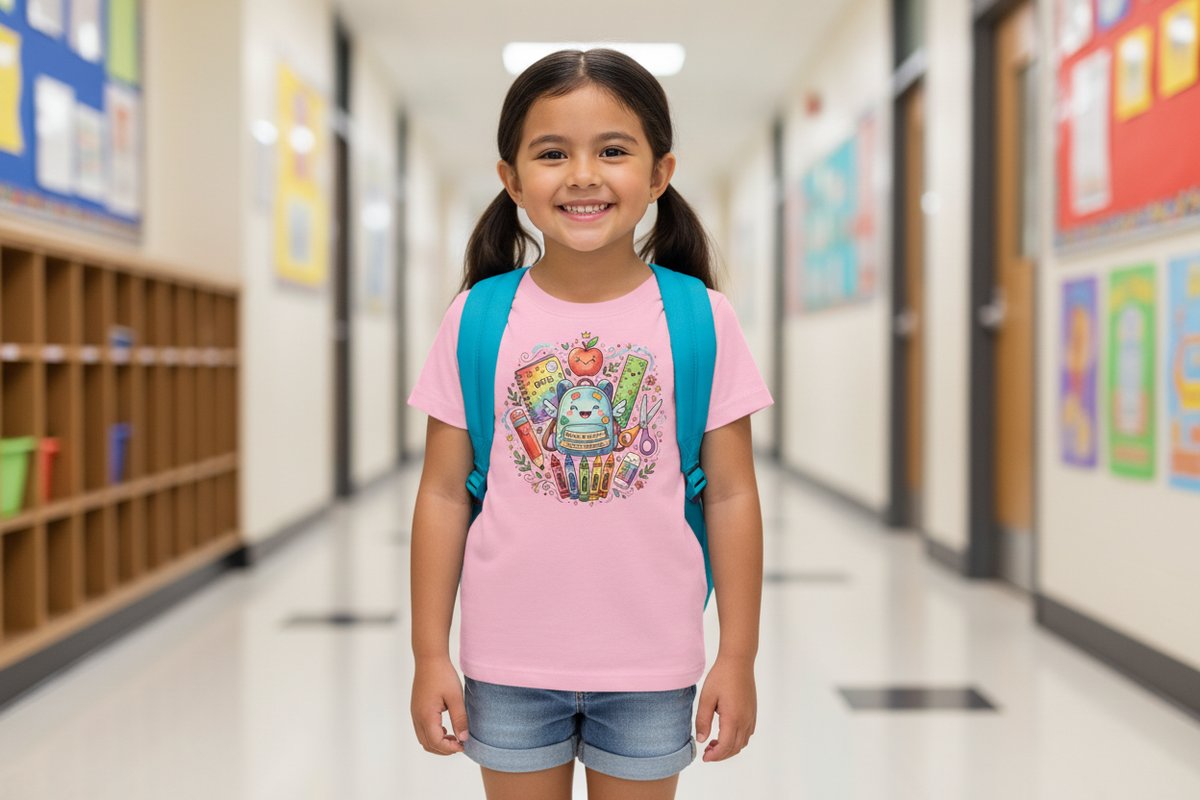 Back to School Kids Tee lifestyle mockup - young girl in school setting