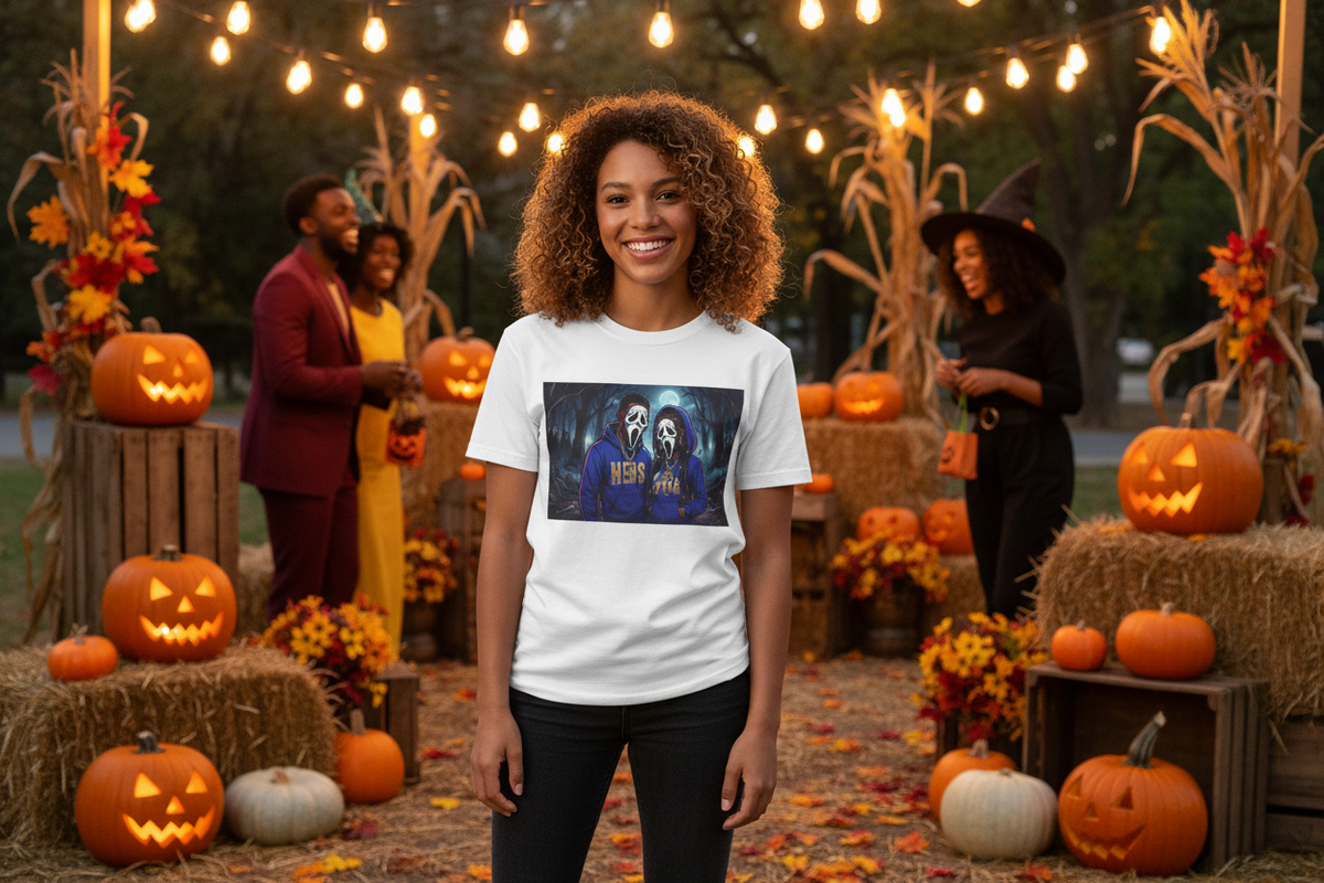 Halloween Vibes Tee lifestyle mockup - Halloween party setting with string lights and jack-o-lanterns
