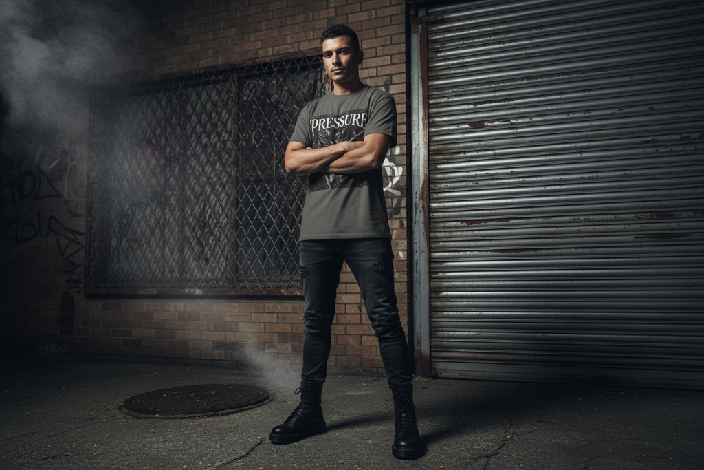 Pressure Graphic Tee lifestyle mockup - moody urban setting