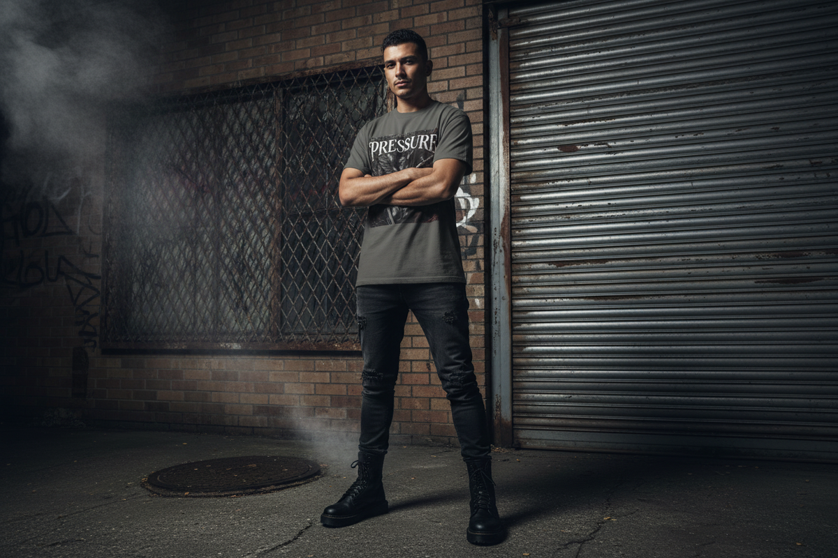 Pressure Graphic Tee lifestyle mockup - moody urban setting