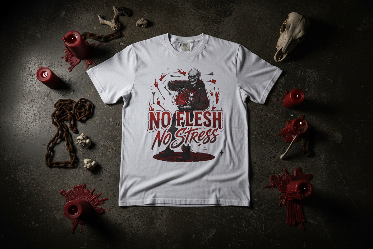 No Flesh No Stress t-shirt dark flat lay lifestyle mockup with candles and chains