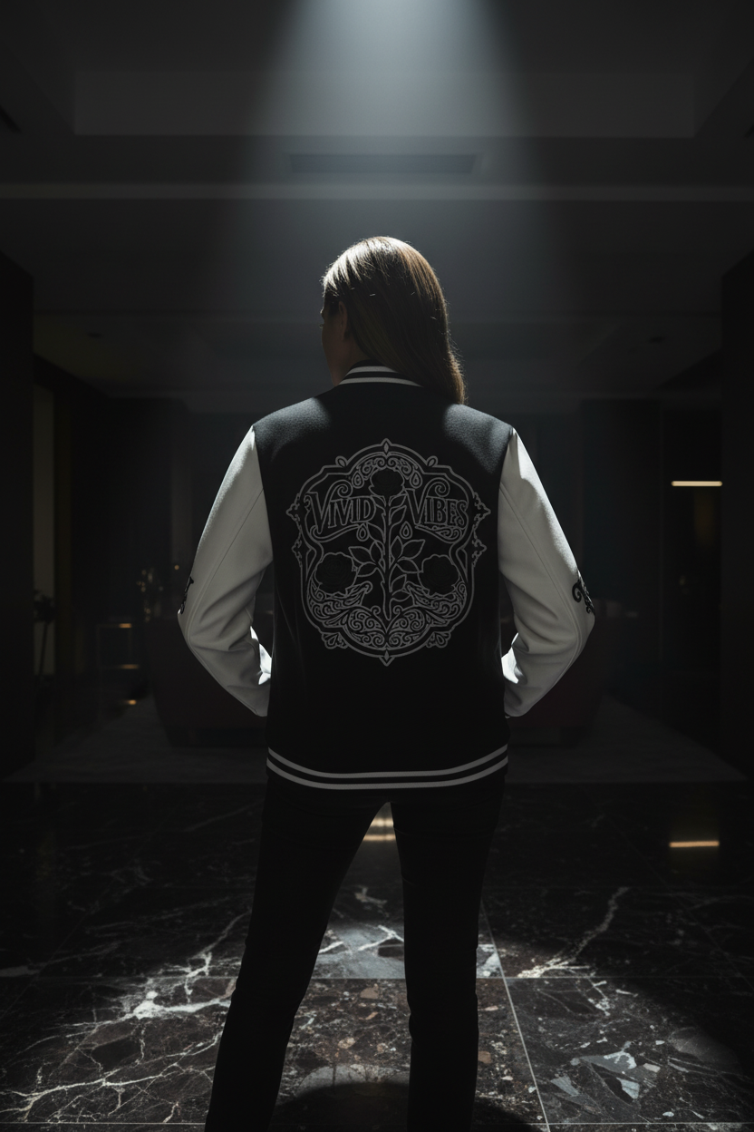 Vivid Vibes Letterman Jacket exclusive editorial lifestyle mockup - luxury cinematic setting