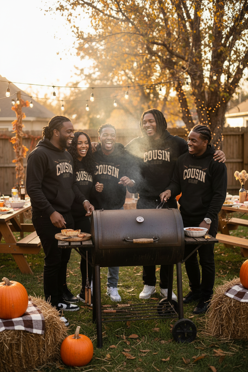 Group of cousins wearing matching Cousin Crew hoodies at a backyard barbecue, golden hour lifestyle photo