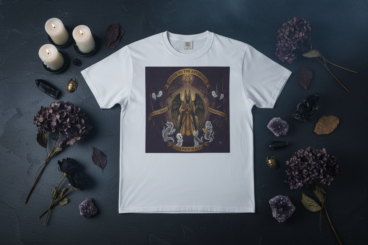 Halloween Graphic Tee lifestyle mockup - dark flat lay with candles and crystals