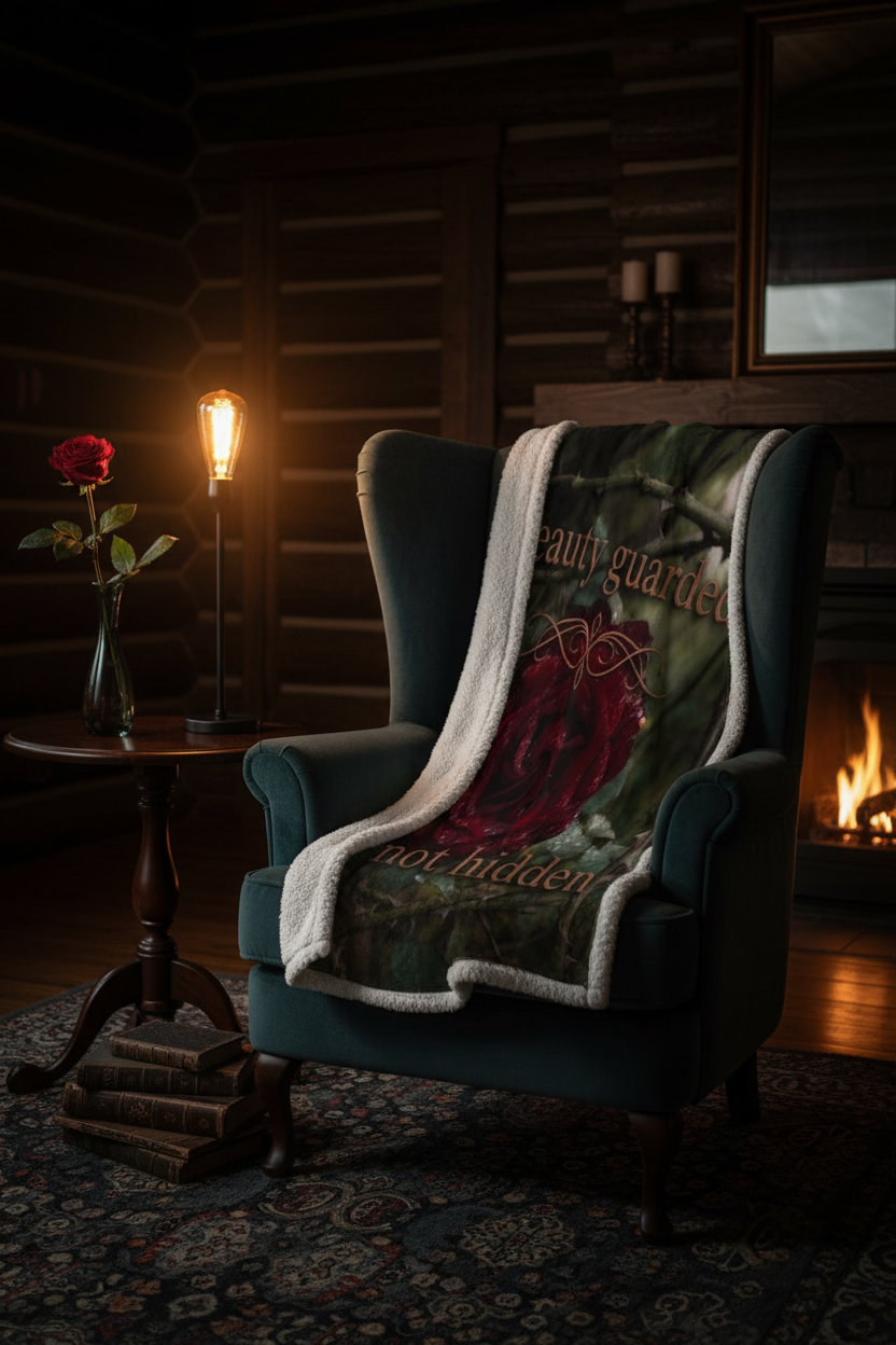 Cozy dark aesthetic reading nook with gothic rose sherpa blanket draped over armchair, moody lamplight lifestyle photo